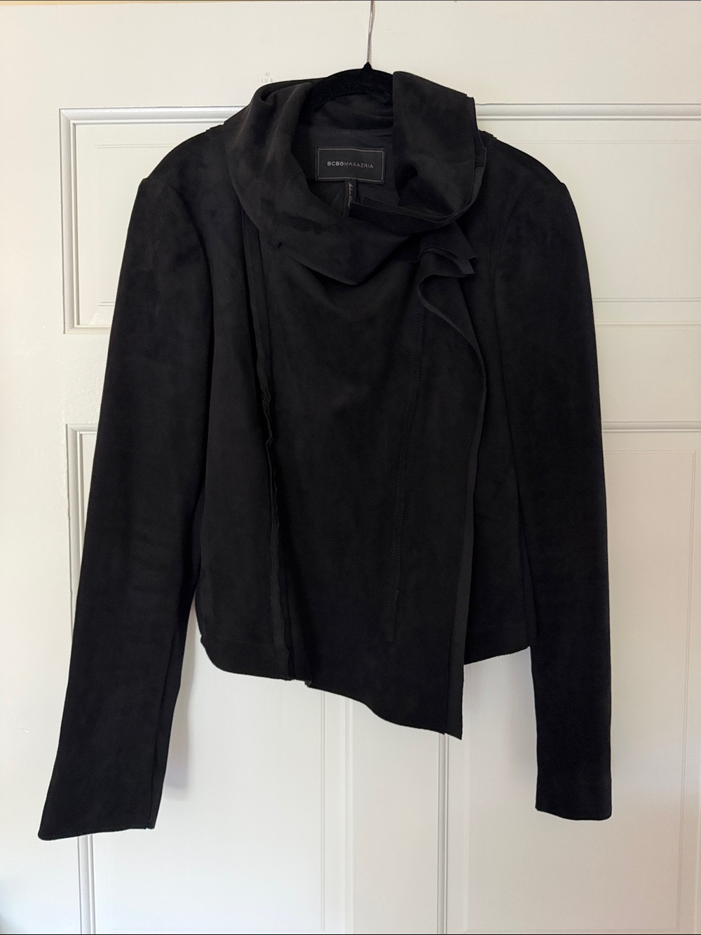 BCBGMaxAzria Black Suede Draped Collar Jacket